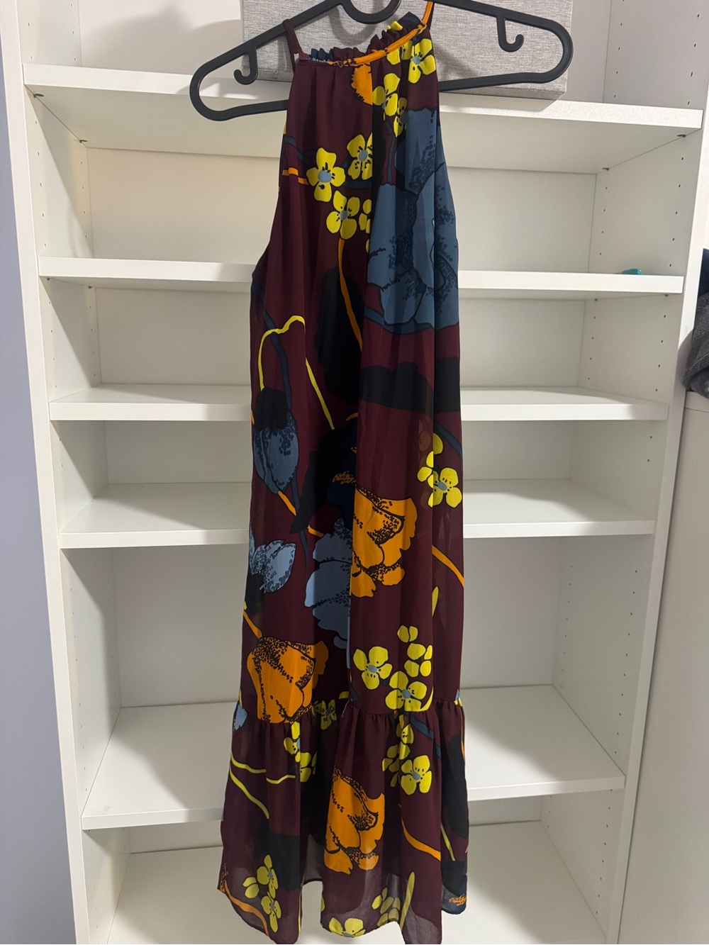 Sleeveless Burgundy Floral Midi Dress with Yellow & Blue Blooms